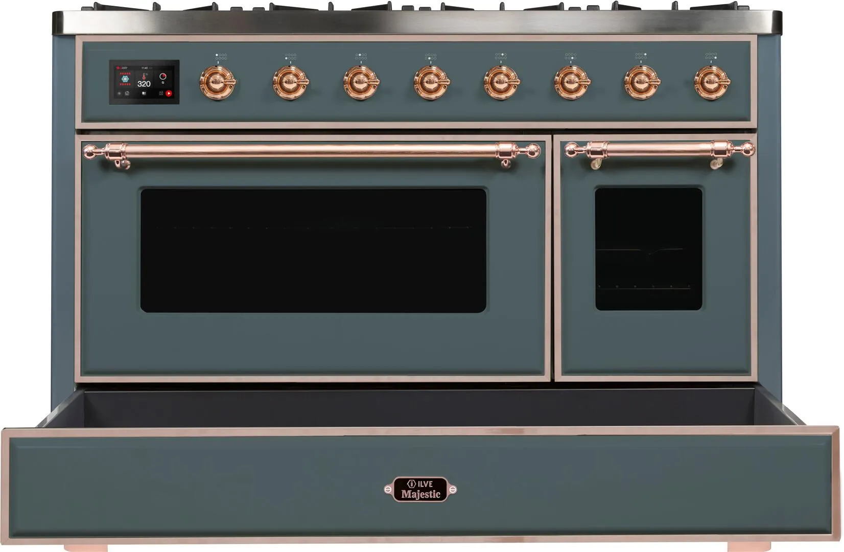 Ilve UM12FDNS3BGPLP Majestic Ii 48 Inch Dual Fuel Liquid Propane Freestanding Range In Blue Grey With Copper Trim