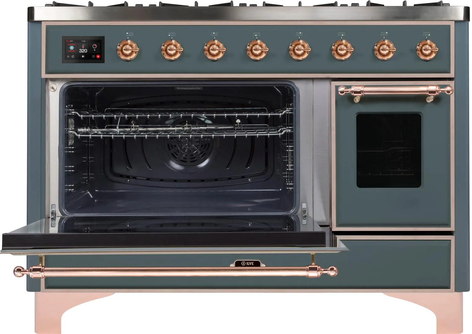 Ilve UM12FDNS3BGPLP Majestic Ii 48 Inch Dual Fuel Liquid Propane Freestanding Range In Blue Grey With Copper Trim