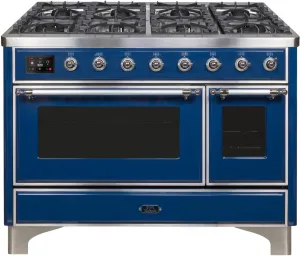 Ilve UM12FDNS3MBCLP Majestic Ii 48 Inch Dual Fuel Liquid Propane Freestanding Range In Blue With Chrome Trim