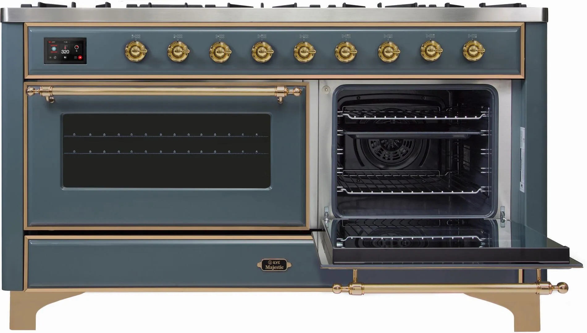 Ilve UM15FDNS3BGG Majestic Ii 60 Inch Dual Fuel Natural Gas Freestanding Range In Blue Grey With Brass Trim