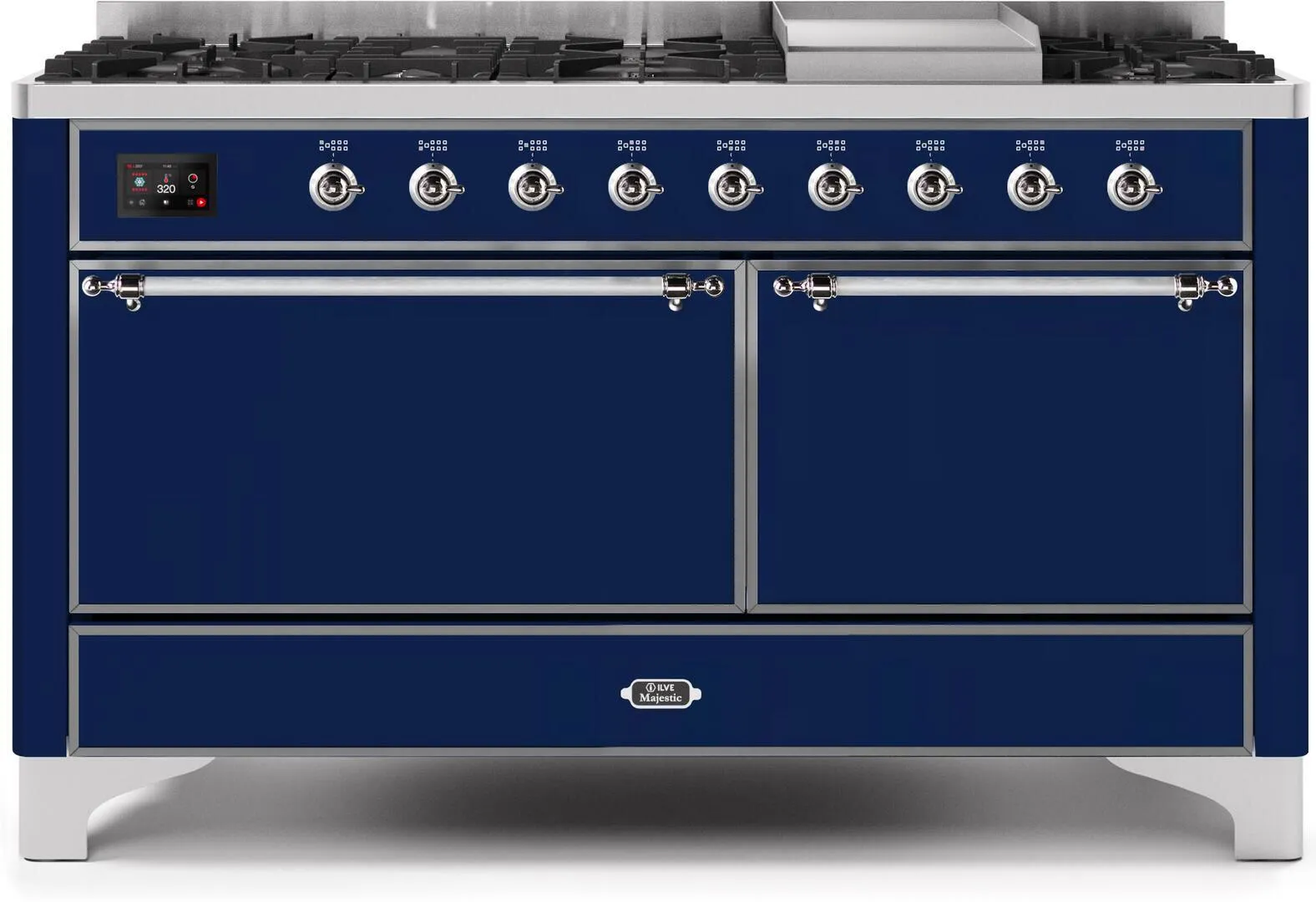 Ilve UM15FDQNS3MBC Majestic Ii 60 Inch Dual Fuel Natural Gas Freestanding Range In Midnight Blue With Chrome Trim