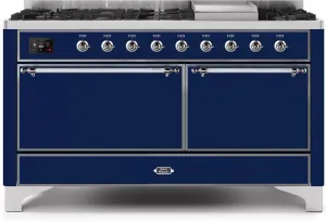 Ilve UM15FDQNS3MBC Majestic Ii 60 Inch Dual Fuel Natural Gas Freestanding Range In Midnight Blue With Chrome Trim