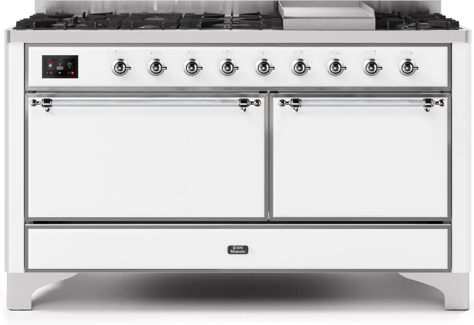 Ilve UM15FDQNS3WHC Majestic Ii 60 Inch Dual Fuel Natural Gas Freestanding Range In White With Chrome Trim