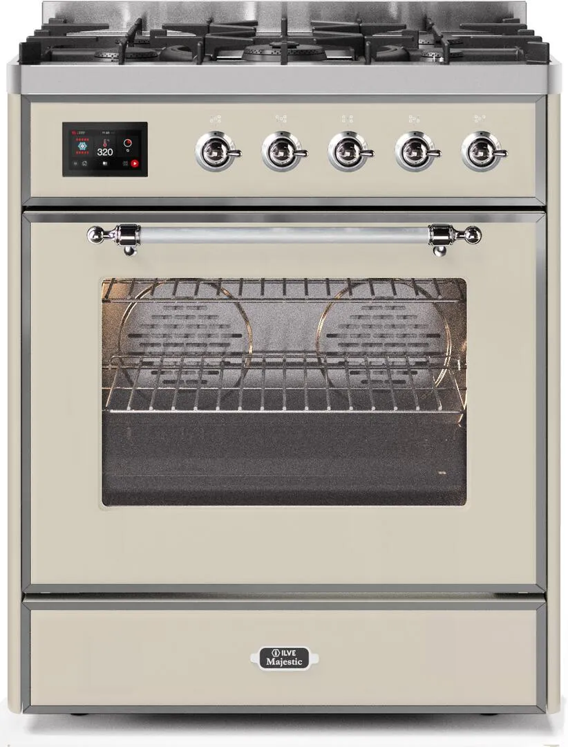 Ilve UM30DNE3AWC Majestic Ii 30 Inch Dual Fuel Natural Gas Freestanding Range In Antique White With Chrome Trim