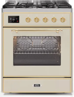 Ilve UM30DNE3AWGLP Majestic Ii 30 Inch Dual Fuel Liquid Propane Freestanding Range In Antique White With Brass Trim