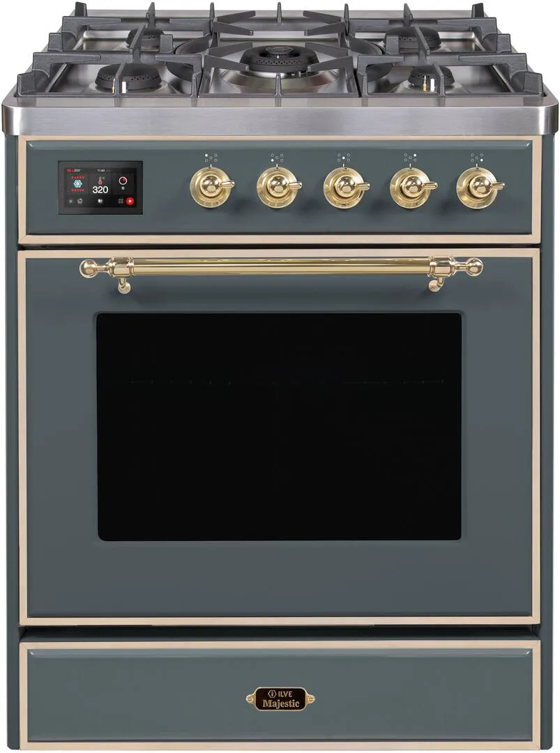 Ilve UM30DNE3BGGLP Majestic Ii 30 Inch Dual Fuel Liquid Propane Freestanding Range In Blue Grey With Brass Trim