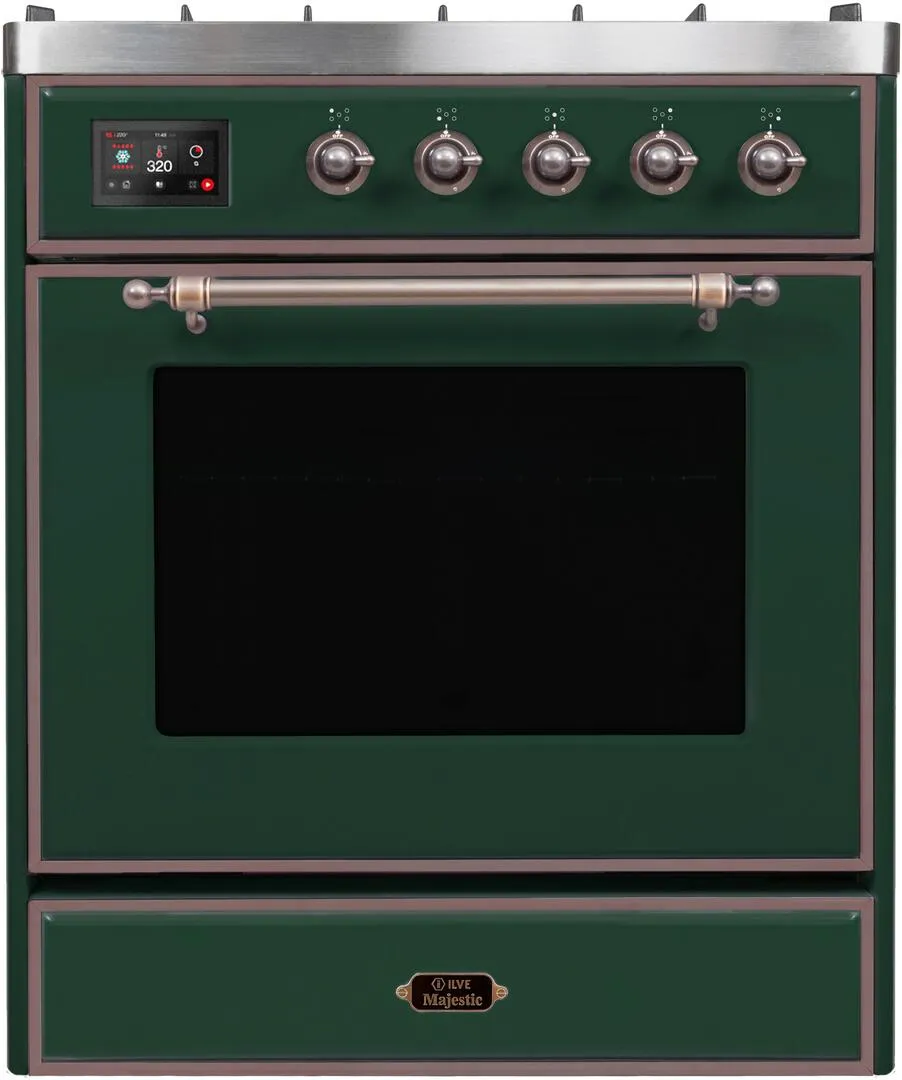 Ilve UM30DNE3EGBLP Majestic Ii 30 Inch Dual Fuel Liquid Propane Freestanding Range In Emerald Green With Bronze Trim