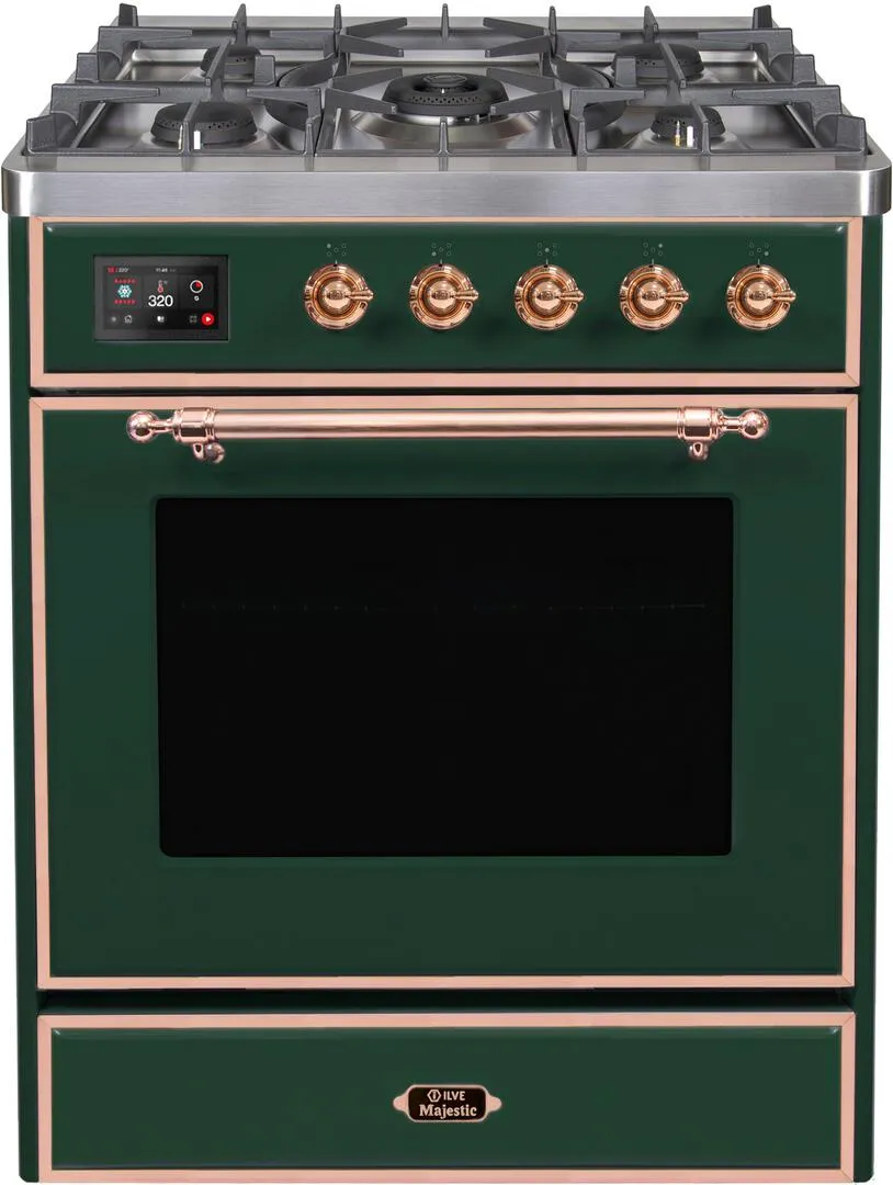 Ilve UM30DNE3EGPLP Majestic Ii 30 Inch Dual Fuel Liquid Propane Freestanding Range In Emerald Green With Copper Trim