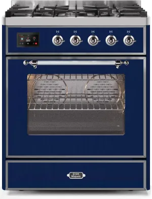 Ilve UM30DNE3MBCLP Majestic Ii 30 Inch Dual Fuel Liquid Propane Freestanding Range In Blue With Chrome Trim