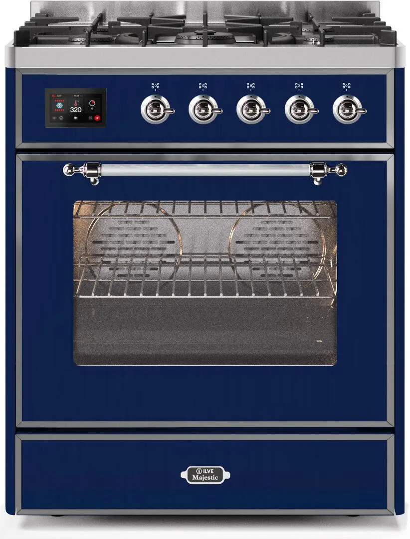 Ilve UM30DNE3MBCLP Majestic Ii 30 Inch Dual Fuel Liquid Propane Freestanding Range In Blue With Chrome Trim