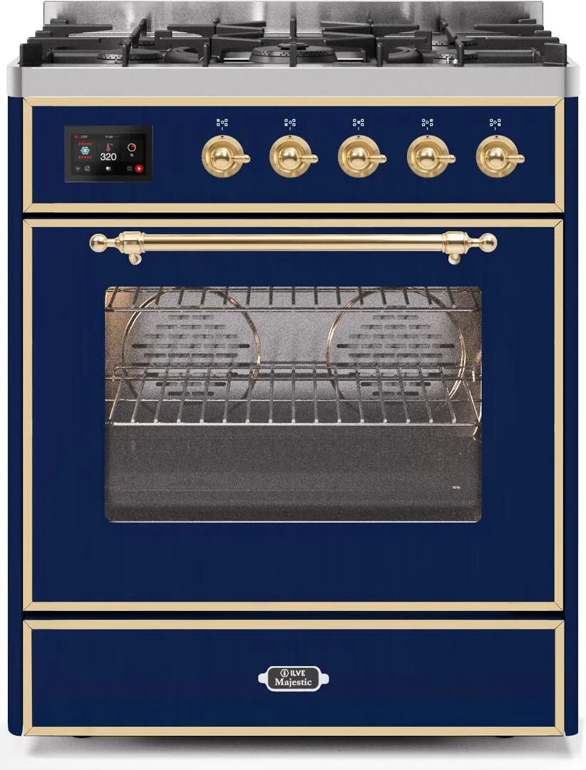 Ilve UM30DNE3MBGLP Majestic Ii 30 Inch Dual Fuel Liquid Propane Freestanding Range In Blue With Brass Trim