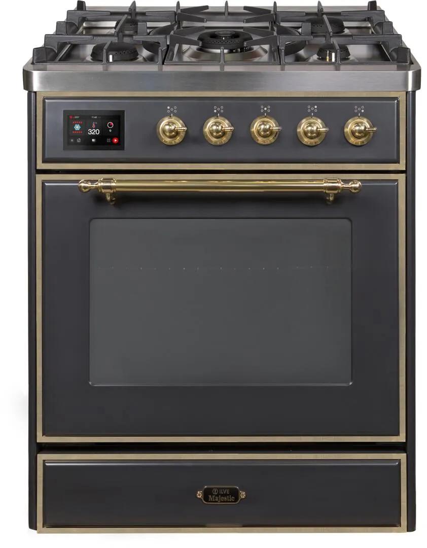 Ilve UM30DNE3MGG Majestic Ii 30 Inch Dual Fuel Natural Gas Freestanding Range In Matte Graphite With Brass Trim