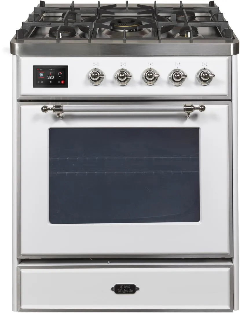 Ilve UM30DNE3WHCLP Majestic Ii 30 Inch Dual Fuel Liquid Propane Freestanding Range In White With Chrome Trim