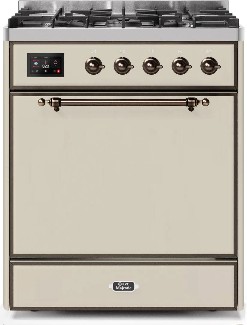 Ilve UM30DQNE3AWBLP Majestic Ii 30 Inch Dual Fuel Liquid Propane Freestanding Range In Antique White With Bronze Trim