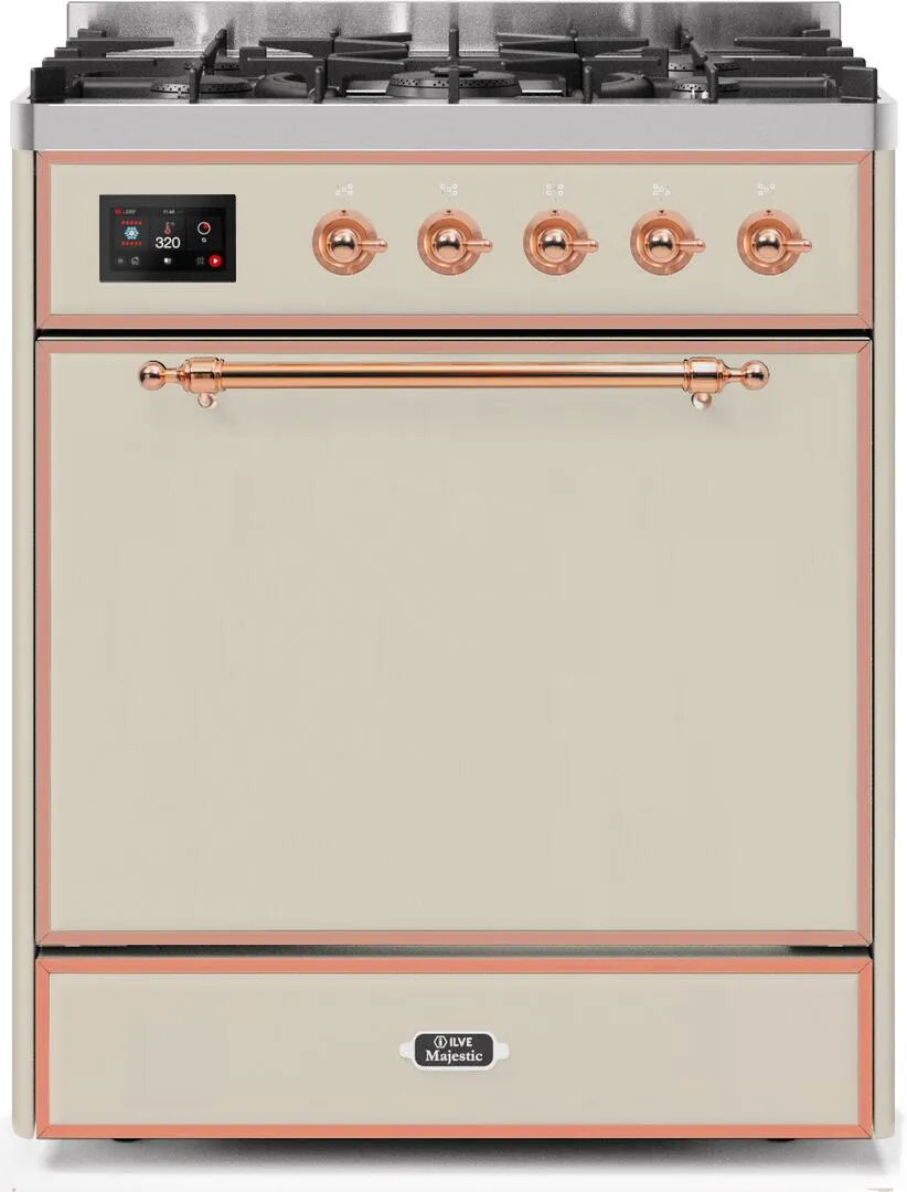 Ilve UM30DQNE3AWP Majestic Ii 30 Inch Dual Fuel Natural Gas Freestanding Range In Antique White With Copper Trim