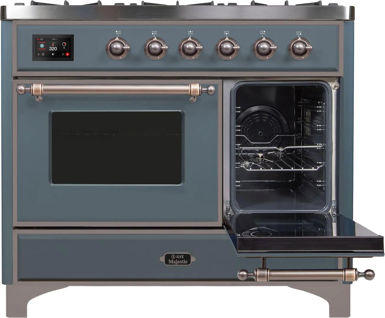 Ilve UMD10FDNS3BGBLP Majestic Ii 40 Inch Dual Fuel Liquid Propane Freestanding Range In Blue Grey With Bronze Trim
