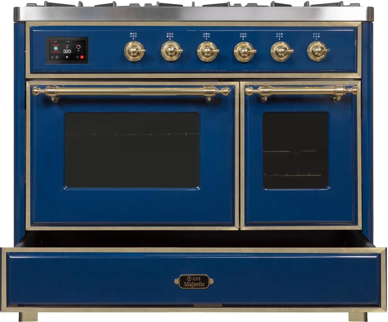 Ilve UMD10FDNS3MBG Majestic Ii 40 Inch Dual Fuel Natural Gas Freestanding Range In Blue With Brass Trim
