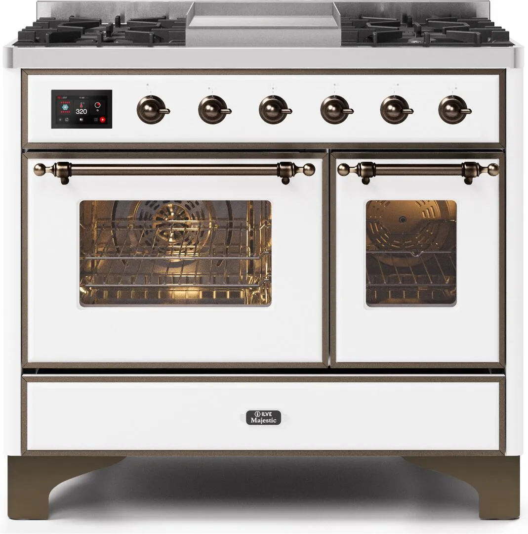 Ilve UMD10FDNS3WHB Majestic Ii 40 Inch Dual Fuel Natural Gas Freestanding Range In White With Bronze Trim