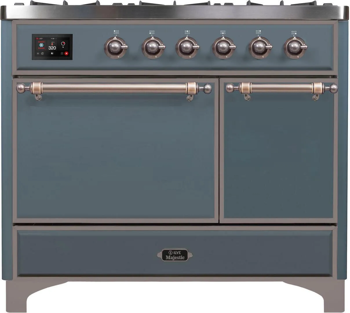Ilve UMD10FDQNS3BGBLP Majestic Ii 40 Inch Dual Fuel Liquid Propane Freestanding Range In Blue Grey With Bronze Trim