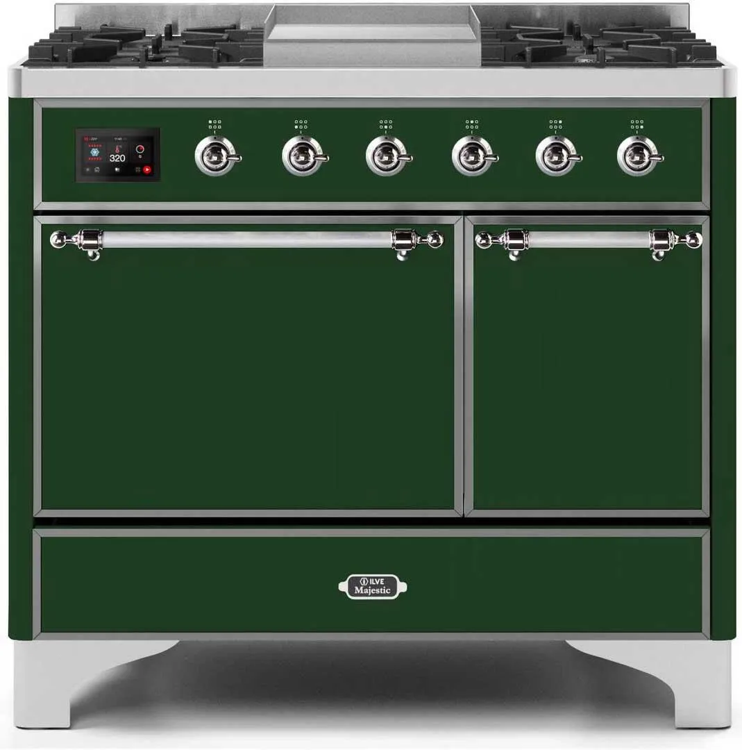 Ilve UMD10FDQNS3EGC Majestic Ii 40 Inch Dual Fuel Natural Gas Freestanding Range In Emerald Green With Chrome Trim