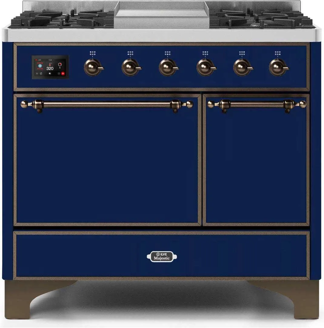 Ilve UMD10FDQNS3MBBLP Majestic Ii 40 Inch Dual Fuel Liquid Propane Freestanding Range In Blue With Bronze Trim
