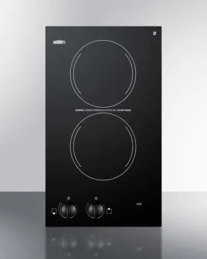 Summit CR2110 115V Two-Burner Cooktop In Black Ceramic Glass. Made In Europe