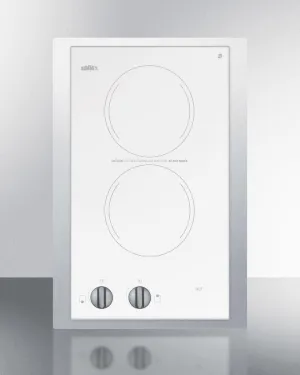 Summit CR2110WHTK15 115V European Two-Burner Radiant Cooktop In White Glass With Stainless Steel Frame To Allow Installation In 15 Wide Counter Cutouts