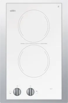 Summit CR2110WHTK15 115V European Two-Burner Radiant Cooktop In White Glass With Stainless Steel Frame To Allow Installation In 15 Wide Counter Cutouts