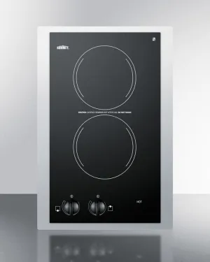 Summit CR2220TK15 230V European Two-Burner Radiant Cooktop In Black Glass With Stainless Steel Frame To Allow Installation In 15 Wide Counter Cutouts
